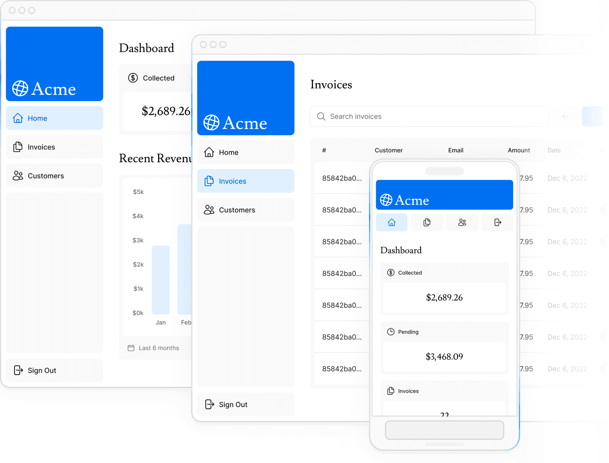 Screenshots of the dashboard and invoices page on a desktop device