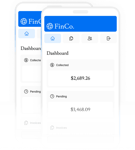Screenshots of the dashboard and invoices page on a mobile device